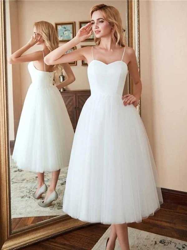 Sweetheart Neck Thin Straps White Tea Length Prom, Tea Length White Homecoming, White Formal Evening