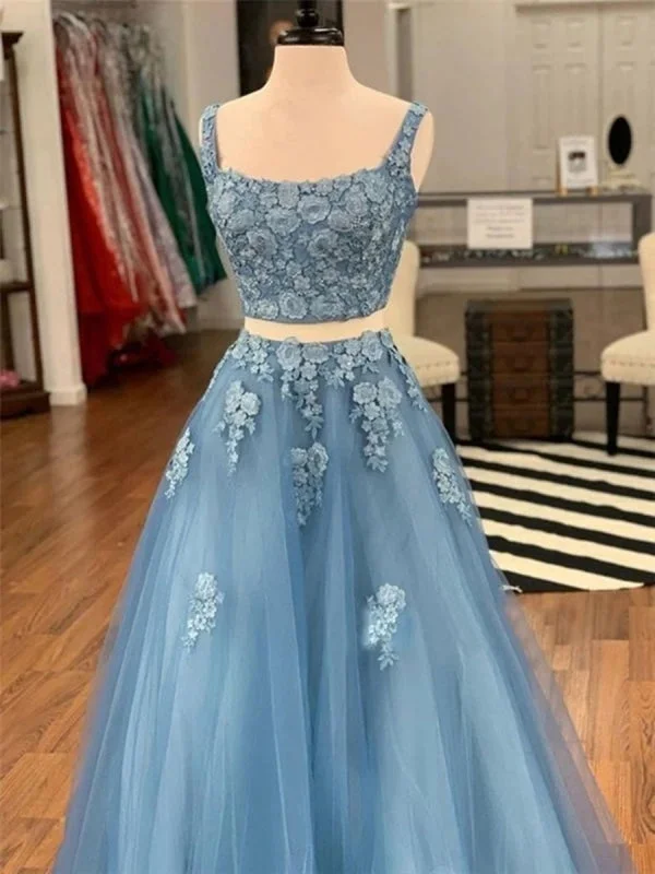 Two Piece Blue Lace Long Prom, 2 Piece Blue Formal, Blue Lace Evening