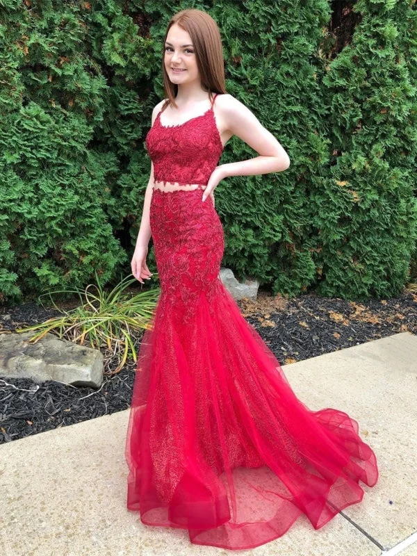 Two Pieces Mermaid Lace Long Burgundy Prom, Two Pieces Burgundy Lace Formal, Mermaid Burgundy Lace Evening