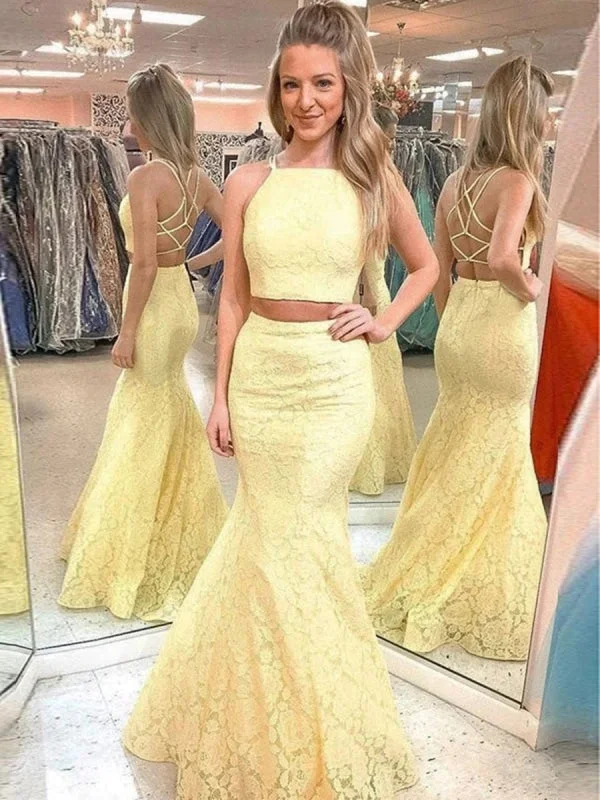 Two Pieces Mermaid Yellow Lace Prom, Two Pieces Mermaid Yellow Formal, Two Pieces Lace Yellow Evening