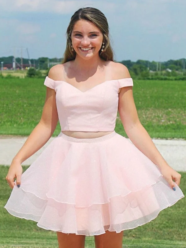 Two Pieces Off the Shoulder Pink Short Prom Homecoming with Cross Back, Off Shoulder Two Piece Pink Formal Graduation Evening