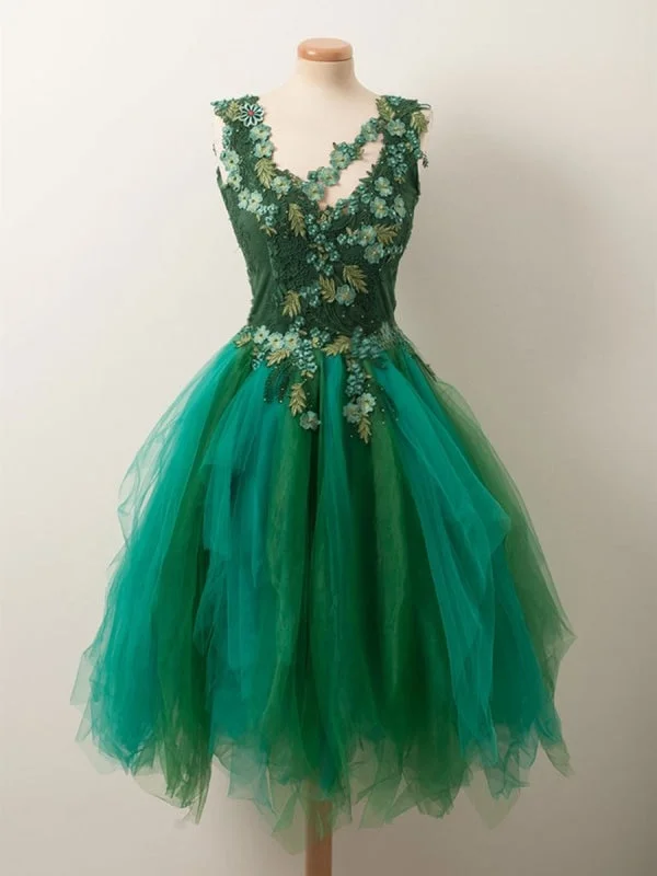 Unique Beaded Floral Short Green Lace Prom, Fluffy Green Lace Formal Graduation Homecoming