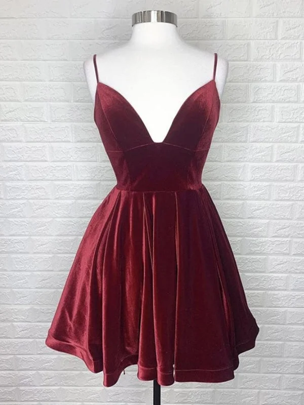 V Neck Backless Burgundy Velvet Short Prom, Short Burgundy Formal Graduation Homecoming