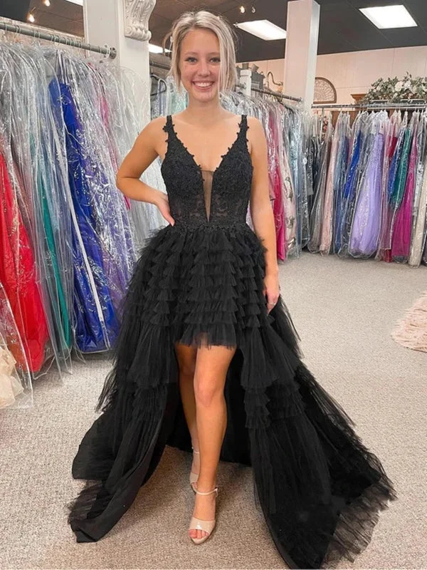 V Neck Backless High Low Beaded Black Lace Long Prom Dresses, Backless Black Formal Dresses, Black Lace Evening Dresses