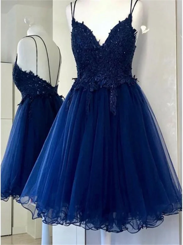 V Neck Backless Navy Blue Lace Prom, Short Navy Blue Lace Homecoming, Navy Blue Formal Evening