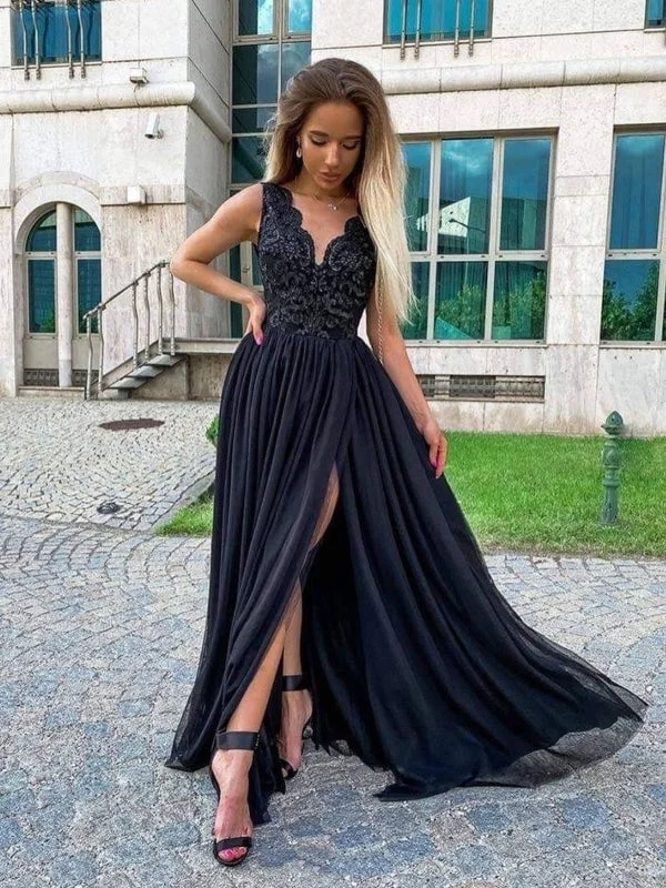 V Neck Black Lace Long Prom Dresses with High Slit, Black Lace Formal Graduation Evening Dresses