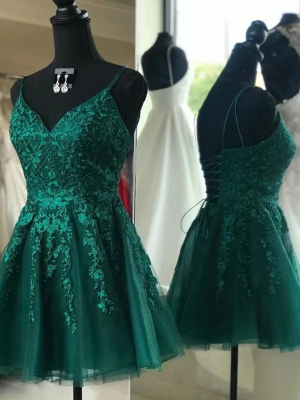 V Neck Emerald Green Lace Appliques Short Prom, Emerald Green Lace Homecoming, Emerald Green Formal Graduation Evening