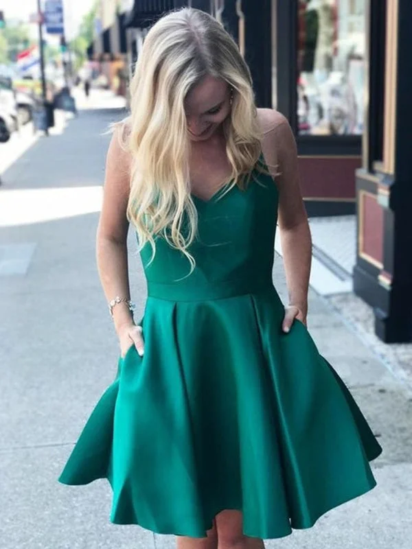 V Neck Green Satin Short Prom, Short Green Homecoming Graduation, Open Back Green Formal Evening