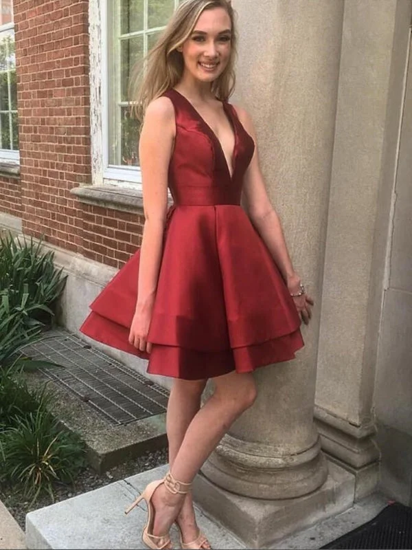 V Neck Layered Burgundy Satin Short Prom, V Neck Burgundy Homecoming, Burgundy Formal Evening