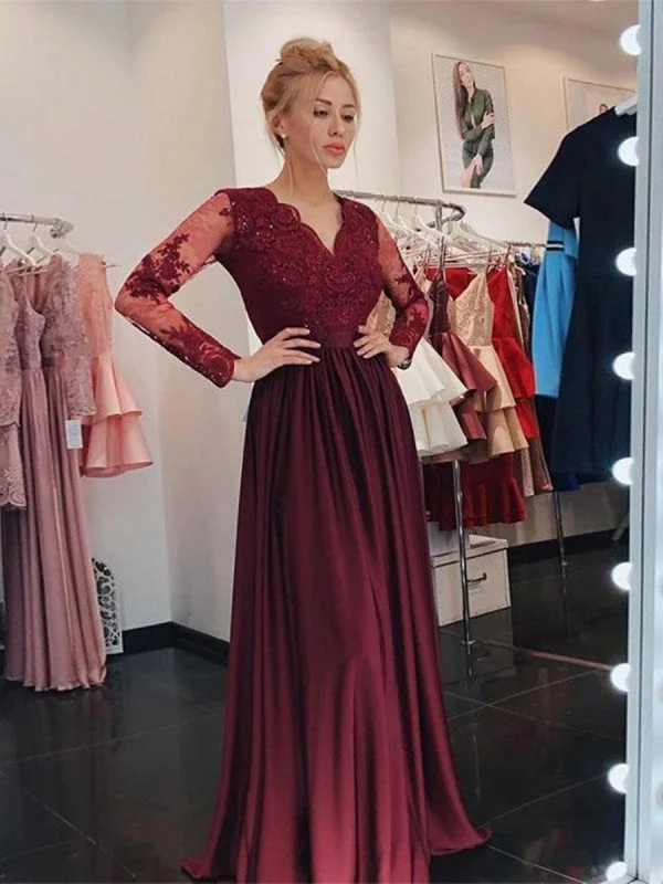 V Neck Long Sleeves Burgundy Lace Prom 2020, Long Sleeves Burgundy Formal, Burgundy Lace Bridesmaid