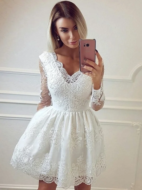 V Neck Long Sleeves Lace White Short Prom Homecoming, Long Sleeves White Lace Formal Graduation Evening