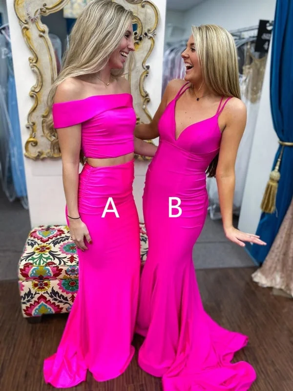 V Neck Off Shoulder Two Pieces Mermaid Long Hot Pink Prom, Off Shoulder Mermaid Hot Pink Formal, 2 Pieces Mermaid Hot Pink Evening