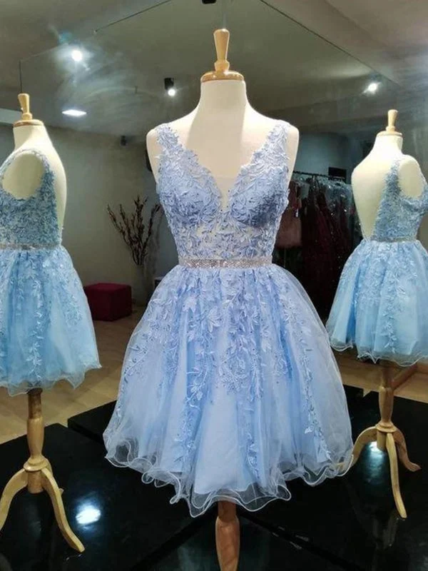 V Neck Open Back Light Blue Lace Prom, Backless Light Blue Lace Homecoming, Short Light Blue Lace Formal Evening