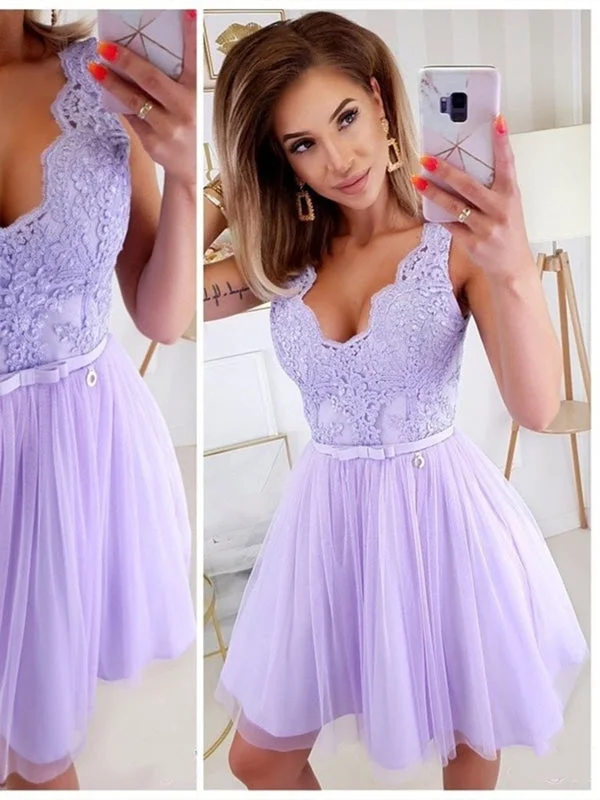 V Neck Purple Lace Short Prom Homecoming, Purple Lace Formal Graduation Evening