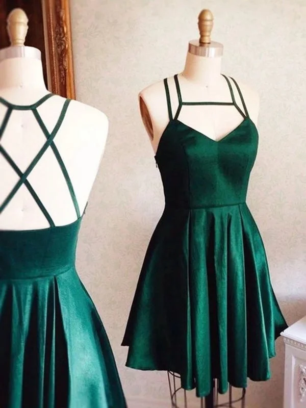 V Neck Short Hunter Green Prom Dress with Cross Back, Short Hunter Green Formal Graduation Homecoming