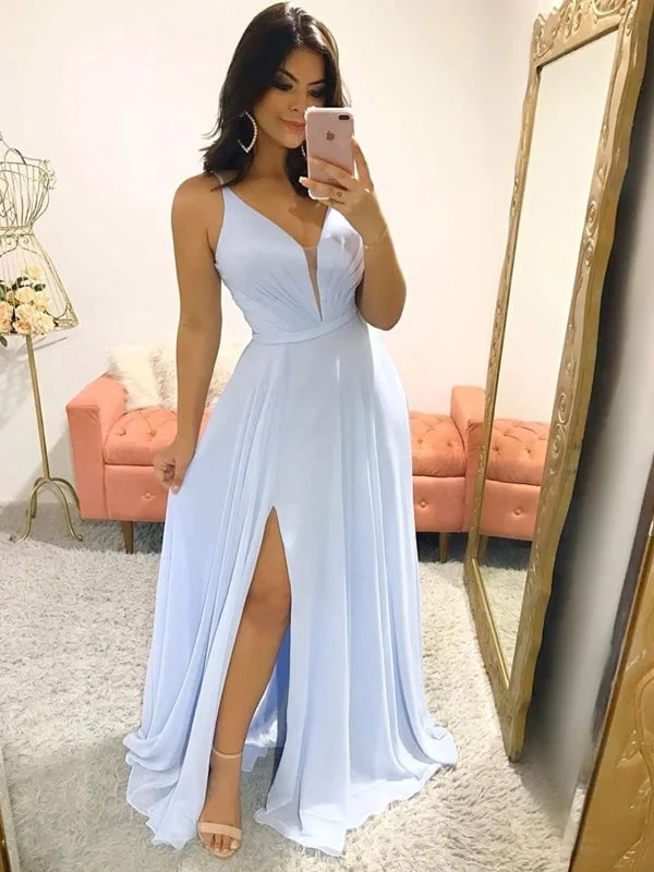 V Neck Sky Blue Long Prom, Sky Blue Long Formal Bridesmaid