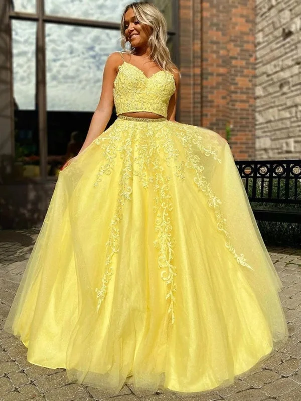 V Neck Two Pieces Backless Beaded Yellow Lace Long Prom, 2 Pieces Lace Yellow Formal, 2 Pieces Backless Yellow Evening