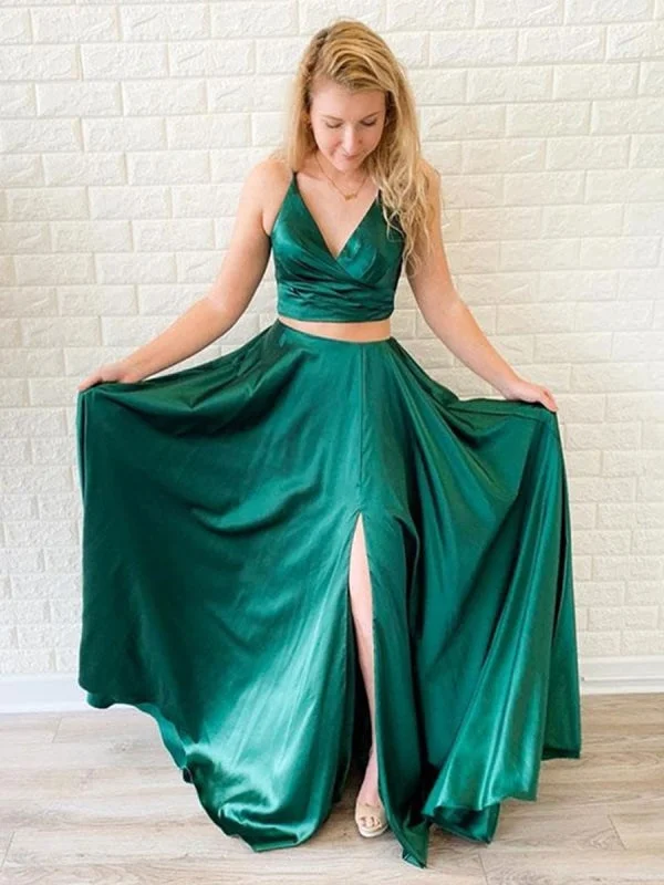 V Neck Two Pieces Backless Green Prom with Leg Split, Two Pieces Backless Green Formal Graduation Evening