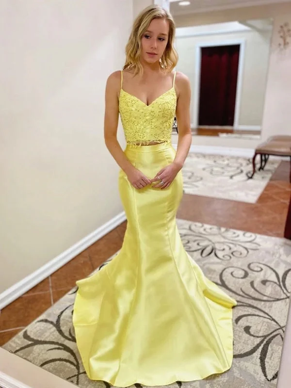 V Neck Two Pieces Beaded Mermaid Lace Long Yellow Prom, Two Pieces Lace Yellow Formal, Mermaid Lace Yellow Evening