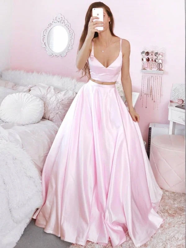 V Neck Two Pieces Pink Satin Long Prom Dresses, 2 Pieces Pink Formal Dresses, Pink Evening Dresses, Ball