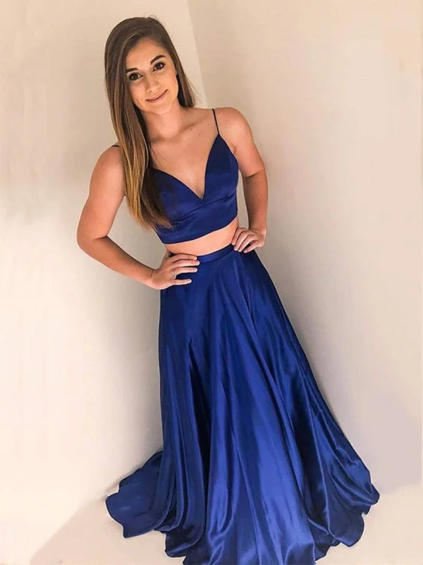 V Neck Two Pieces Royal Blue Long Prom, Two Pieces Royal Blue Formal Graduation Evening