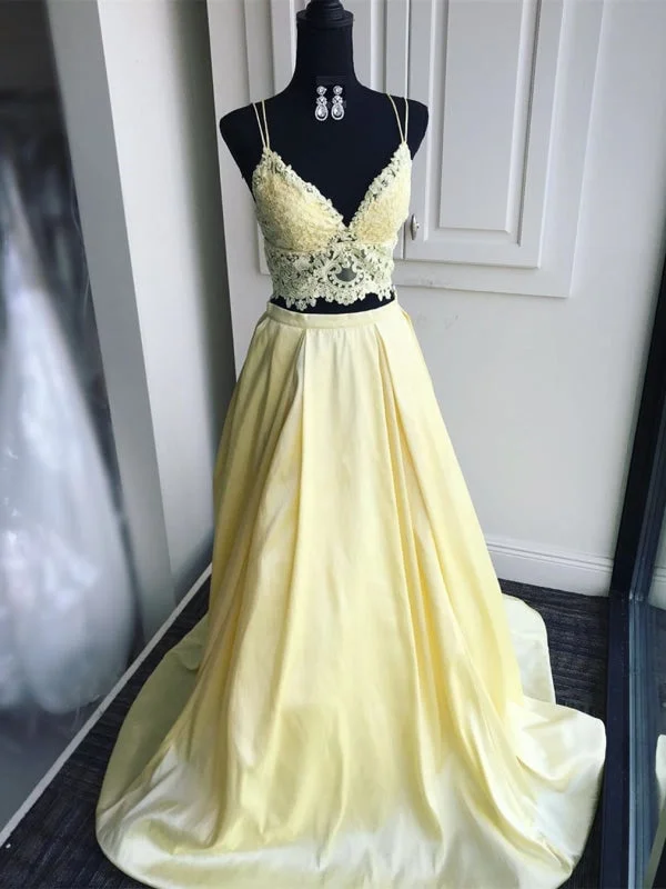 V Neck Two Pieces Yellow Lace Top Long Prom, Two Pieces Yellow Lace Formal Graduation Evening