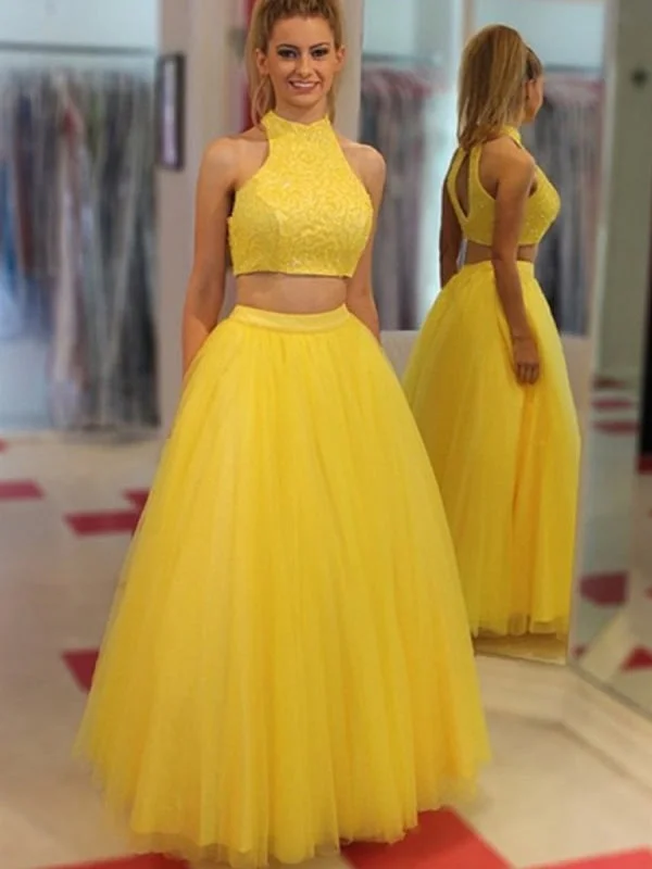 Yellow A Line High Neck Two Pieces Beading Tulle Long Prom, Two Pieces Yellow Formal, Yellow Evening